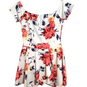 Papaya Floral Mini Romper Skort Pale Blue Wide Scoop Neck Cap Sleeves MED NWOT
